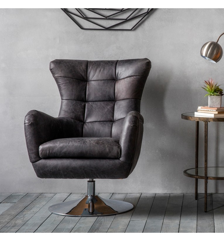 Casablanca Leather Swivel Chair, Grey Swivel Armchair Uk