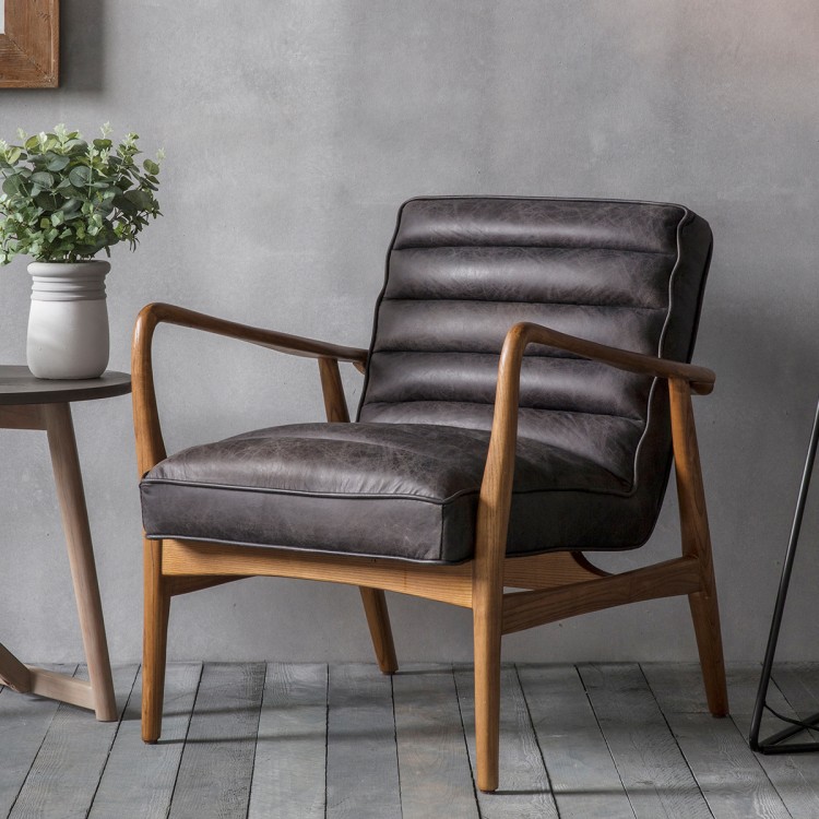Zephyr Antique Grey Leather Armchair, Leather Retro Chair